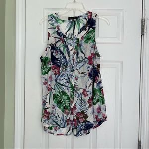 Tropical floral button down sleeveless top, palm leaf hibiscus print